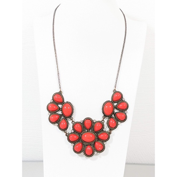 The Unbranded Brand Jewelry - Red Orange Cabochon Statement Necklace Bronze Tone Boho Western Bib 21"